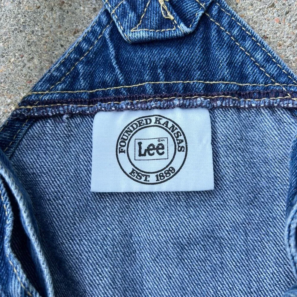 Vintage Lee denim jean shortalls cut off Frayed hem slip double buckle strap - Image 8