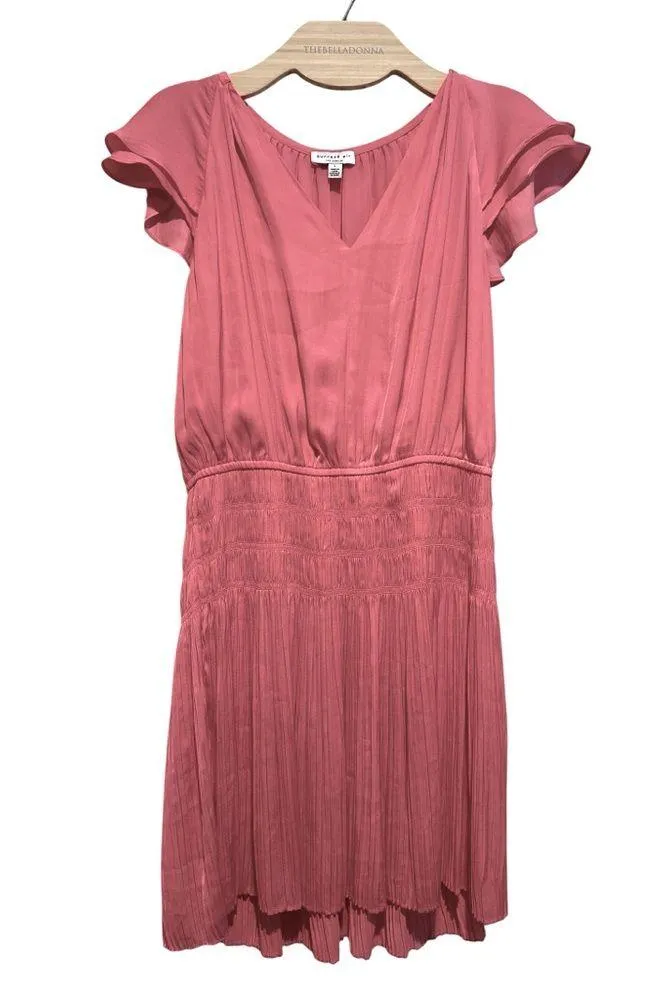 ANTHRO CURRENT AIR PINK SHORT FLUTTER SLEEVE PLEATED SMOCKED VNECK DRESS L - Image 3