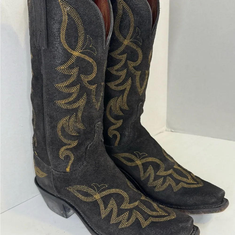 Lucchese Black Distressed Leather Pointed Toe Cowboy Boots Sz 71/2. - Image 5