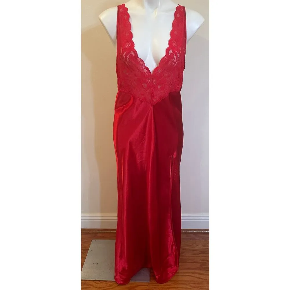 Vintage Victoria's Secret Long Red Satin Lace Night Gown sz L - Image 12
