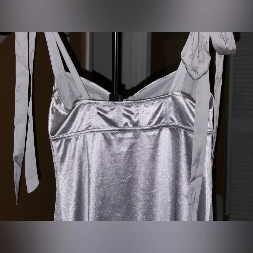 Free People Casino Gone Glam Silver Tie Shoulder Satin Shimmering Midi Size M - Image 5