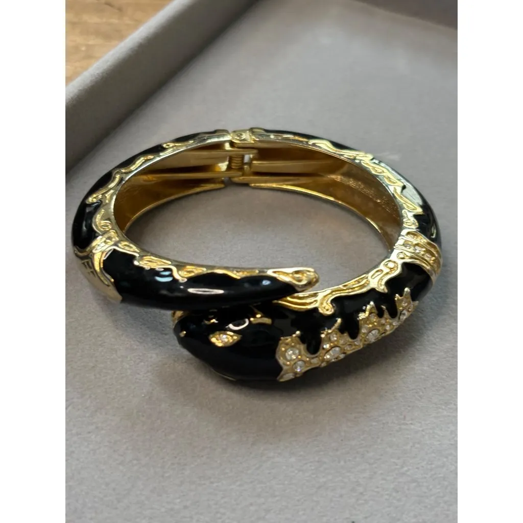 Gold & Black Snake Hinged Bangle Bracelet With Rhinestone Embellishment - Image 3