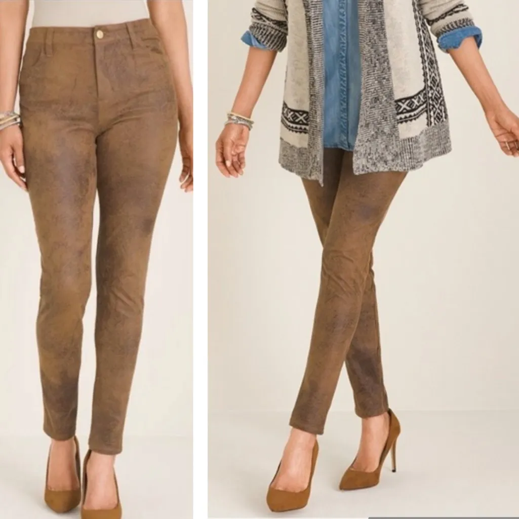 Chico's Stretch Brown Coated Faux-Suede Worn Luggage Slim‎ Pants Size 14 - Image 2