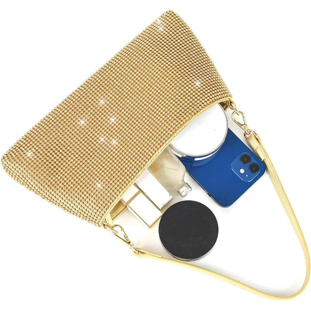 ⚡ Women's Beautiful Rhinestone Gold Sparkly Handle Chain Evening Clutch Bag - Image 4