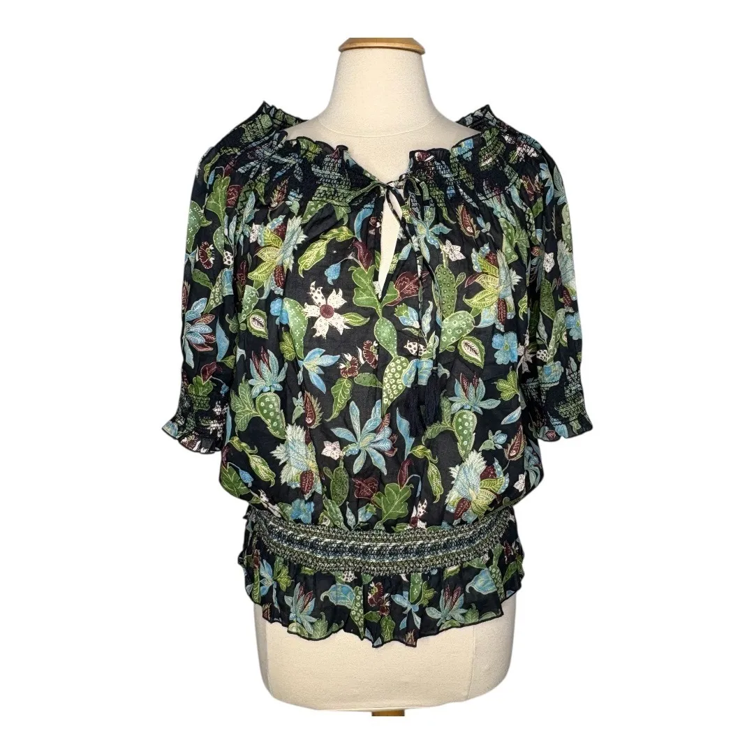 Tory Burch Fantasia Floral Print Off Shoulder Smocked Top Boho Women Size‎ 4 - Image 5