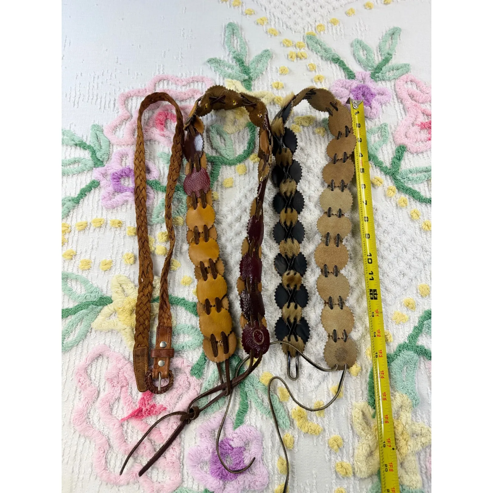 Boho 60 s Leather Beaded Fur Belt Set 3 Women's Western Hippie Accessories Brown - Image 6