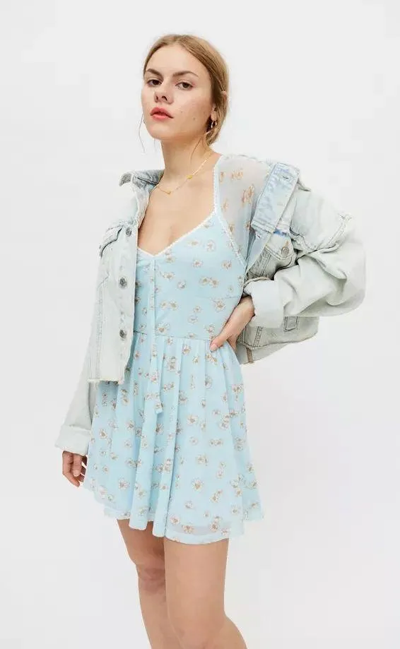 Urban Outfitters Alice Mesh Romper Floral Light Blue  - Image 3