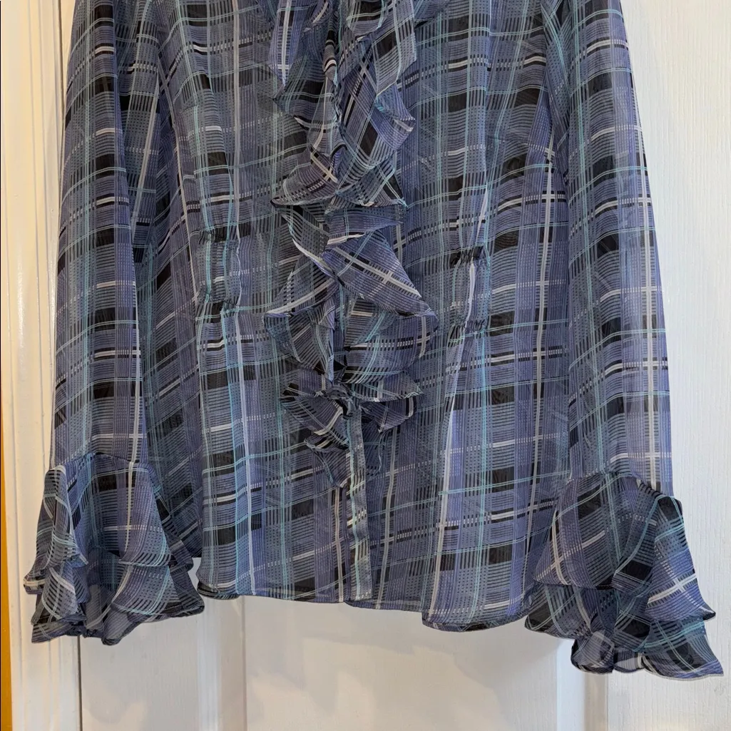 CABI BLOUSE SHADES OF BLUE RUFFLES DOWN CHEST ON CUFFS GATHERS IN BACK/FRONT - Image 2