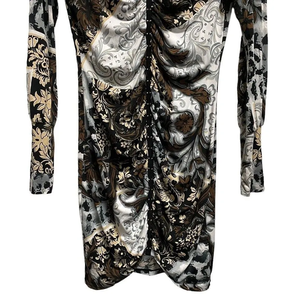 Hale Bob Women's Medium Paisley Floral Black Gray Patterned Ruched Sheath Dress - Image 8