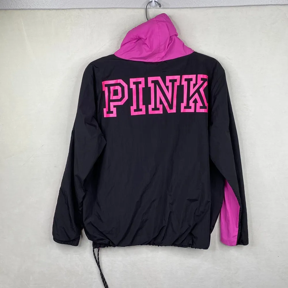 PINK VS Hot Pink Black Windbreaker Pullover Long Sleeve Pocket Hoodie Size MD Size M - Image 2