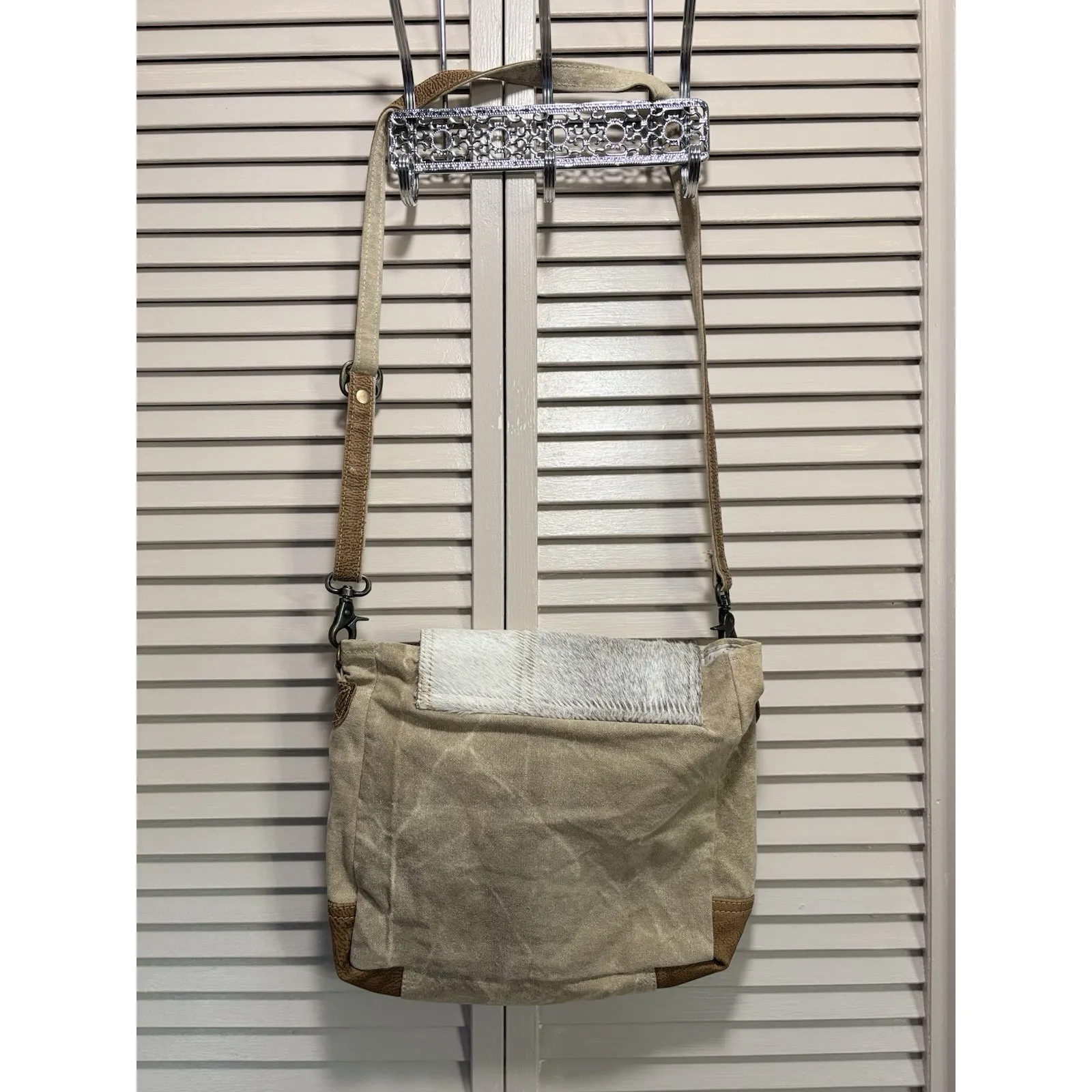 Myra Hair On Cowhide Leather Canvas Paisley Shoulder Bag Boho Gray/Tan‎ Tan - Image 12