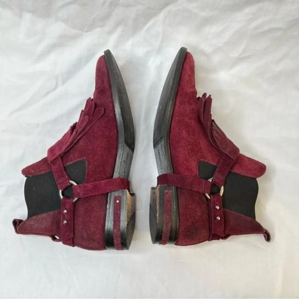 Freda Salvador Burgundy Suede Fringe Chelsea Western Buckle Ankle Boots size 7 Red - Image 9