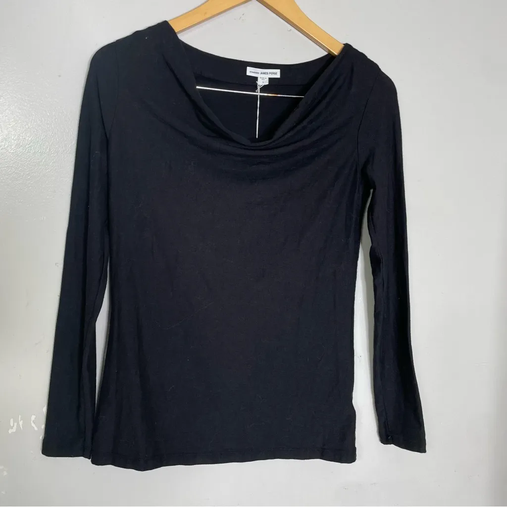 JAMES PERSE Black Slub Cotton Draped Off-Shoulder Long Sleeve Top‎ Sz 1 Small - Image 3