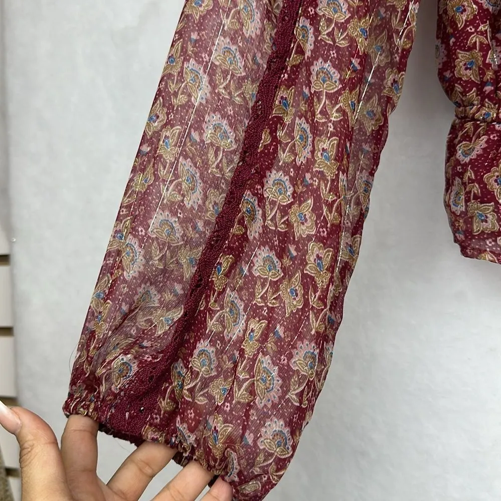 Womens Peasant Blouse Burgundy Floral Crochet Ruffles Boho Sz L - Image 4