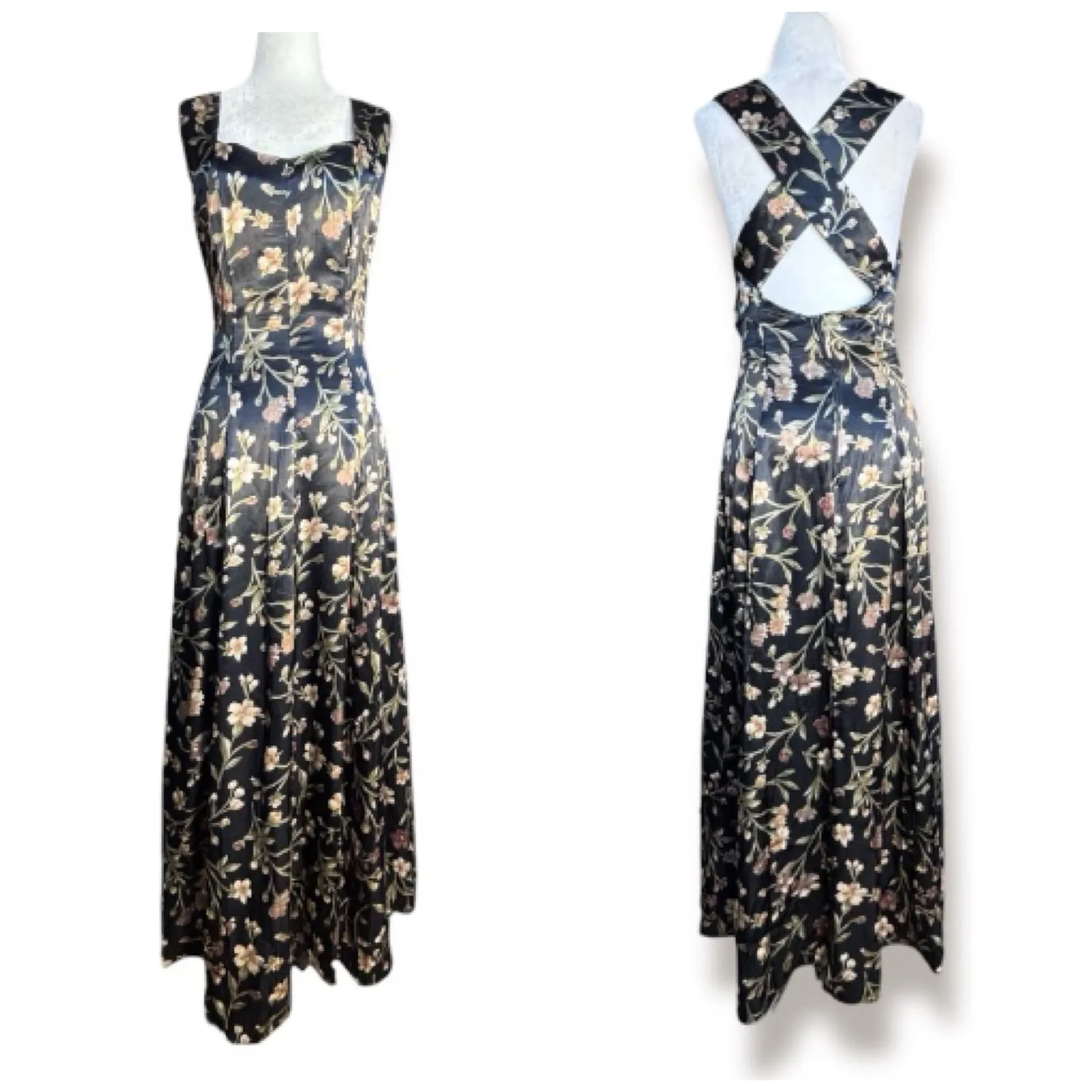Vintage 90s All That Jazz Floral Maxi Dress Open Cross Back Black Dark Romance - Image 2