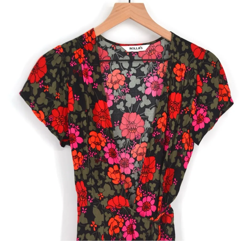 Rolla's Cleo Rambling Floral Wrap Dress Short Sleeve Mini Black Red Women's XS - Image 3