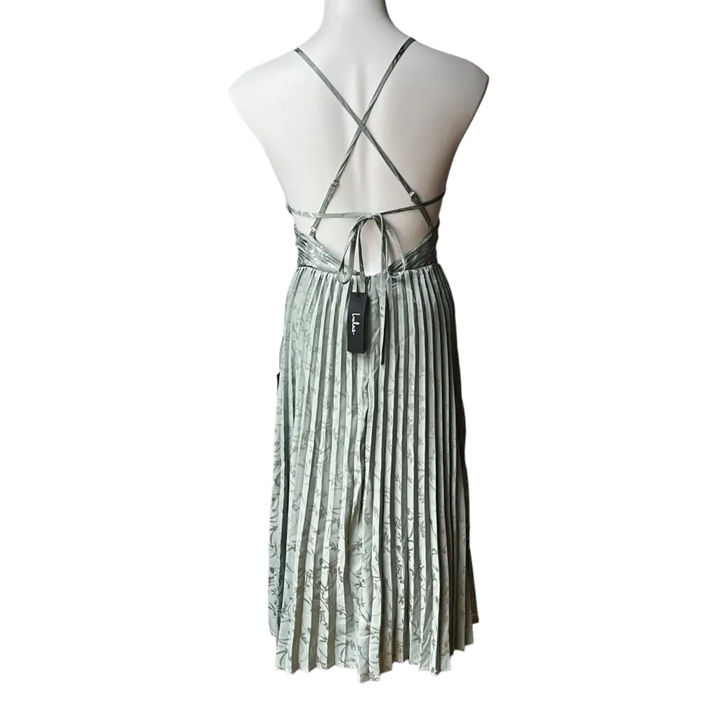 NWT, Lulus Pleating Up Sage Green Satin Jacquard Pleated Midi Dress, Sz S - Image 5