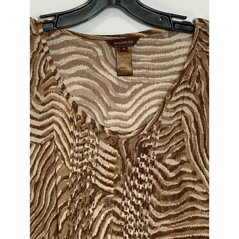 Multiples  Women's Brown Animal Print Pullover Tunic Blouse Top Plus Size 1X - Image 3