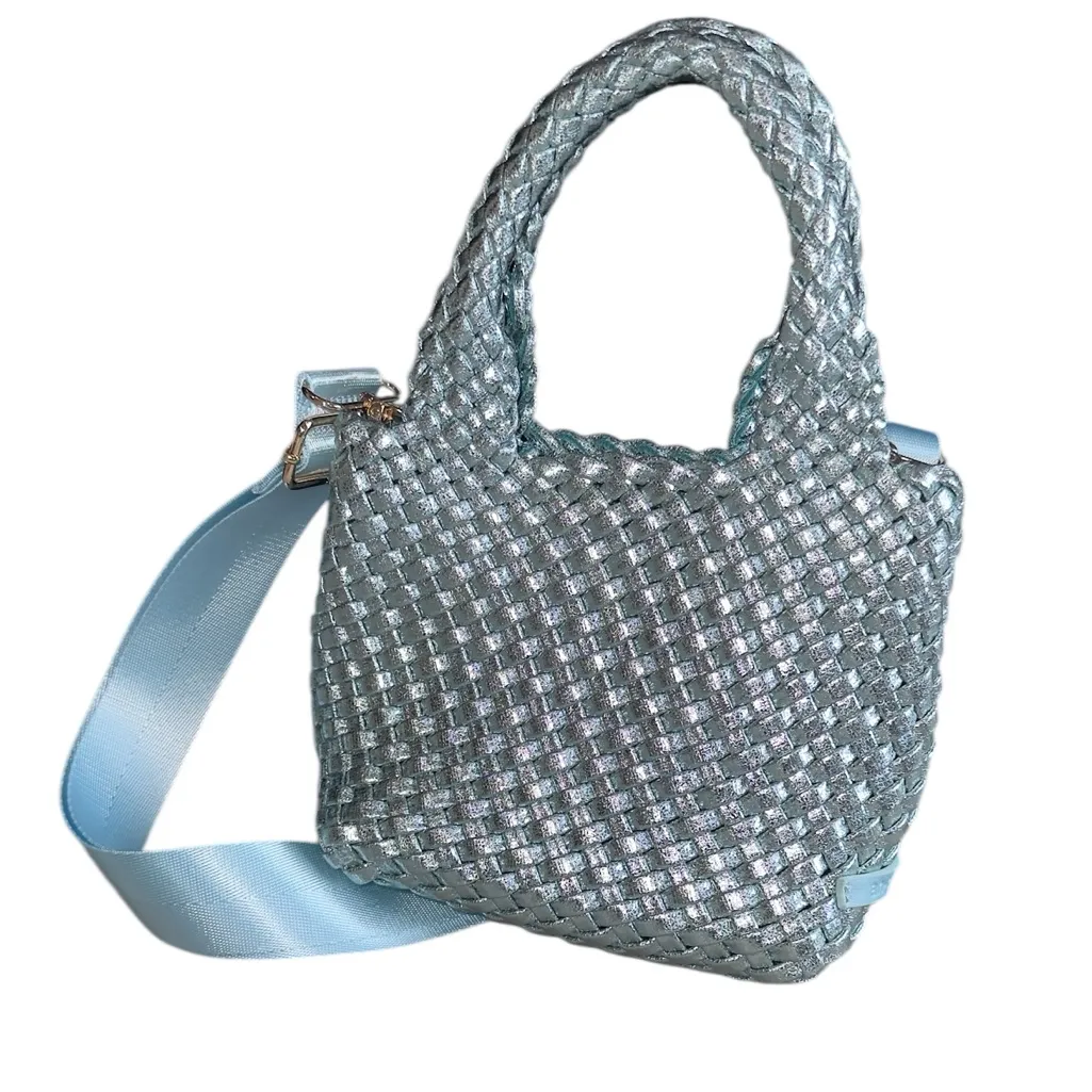 NWT AHDORNED MINI WOVEN BAGS IN BLUE METALLIC - Image 4