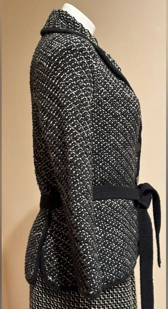 Ann Taylor Button Down Knit Cardigan Black Ivory Belt Collar Wool Blend SZ M - Image 5