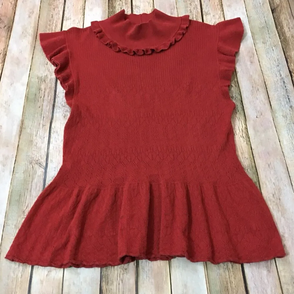 Torn by Ronny Kobo Knit Peplum Top - Rust - Large - Image 7