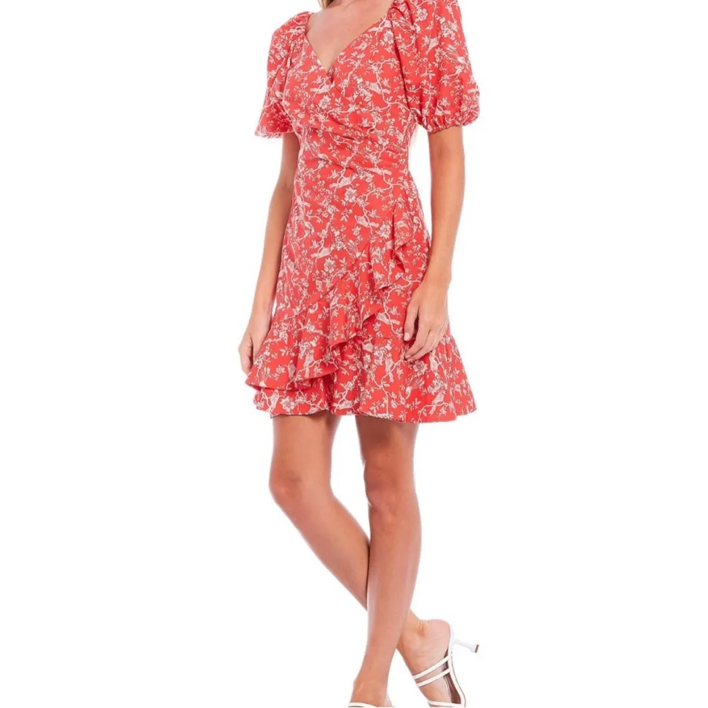 NWT Sachin & Babi Womens Dress Coral Ivy Floral Faux Wrap Puff Sleeve Size 10 - Image 2