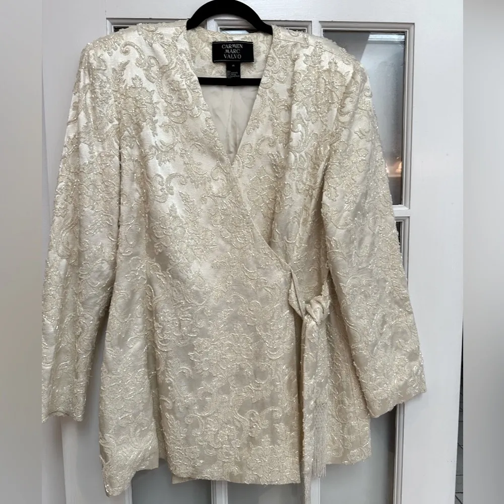 Vintage Carmen Marc Valvo Ivory Cream Lace Sequin Beaded Formal Jacket Size 14 L - Image 15
