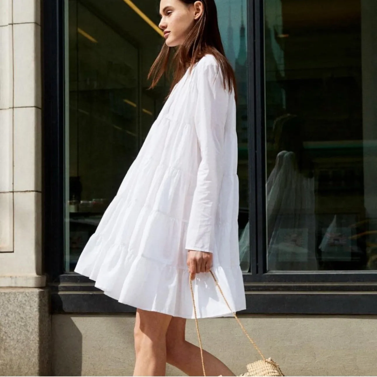 Merlette Soliman Mini Dress White Tiered Trapeze Long Sleeve‎ Cotton Sz S - Image 3