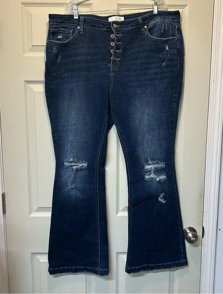 KanCan Flare Denim Blue Jeans Dark Wash Distressed 5 Button Fly Womens Size 22W - Image 4