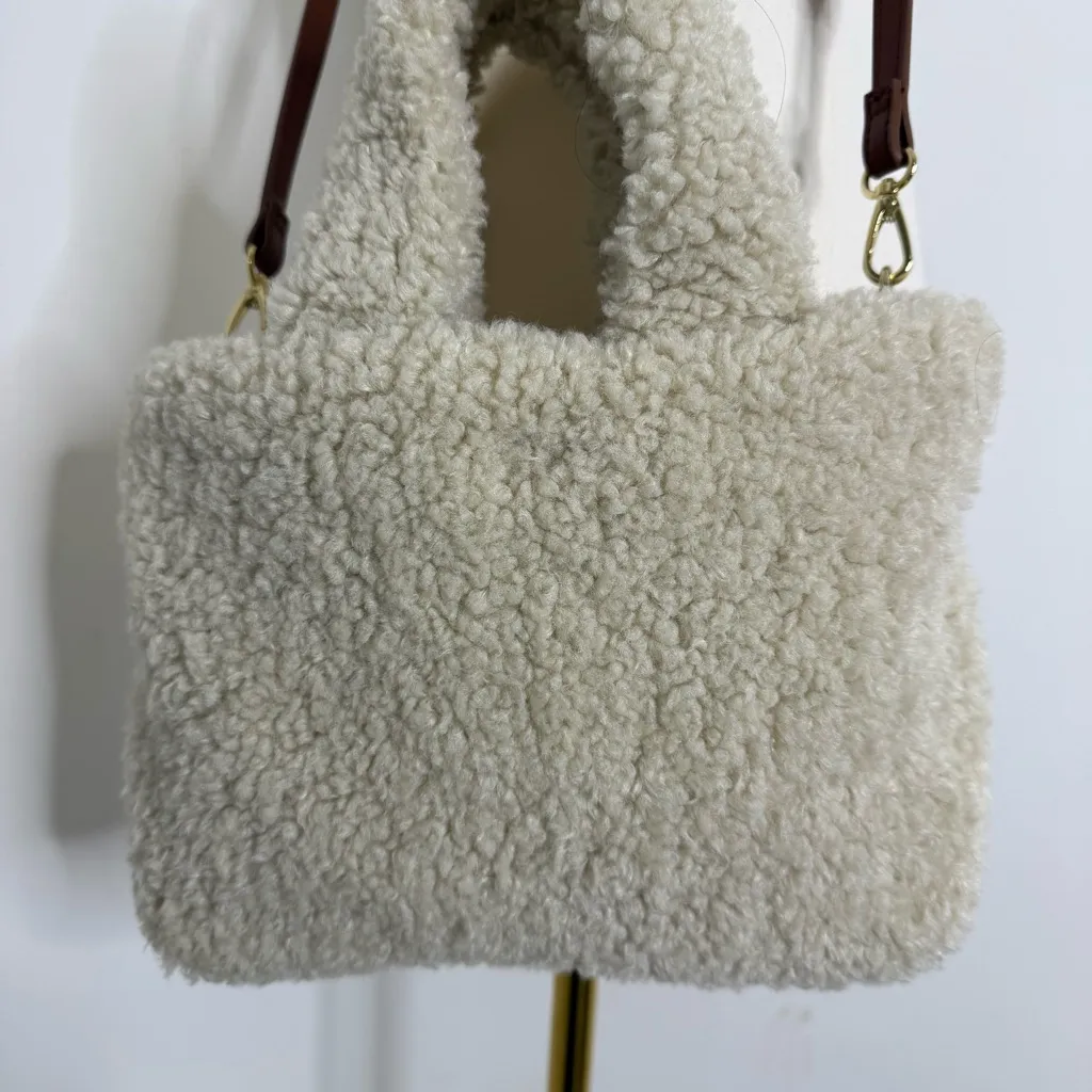 Aspen Sherpa Tote Bag Cross Body Cream Faux Shearling Brown - Image 7