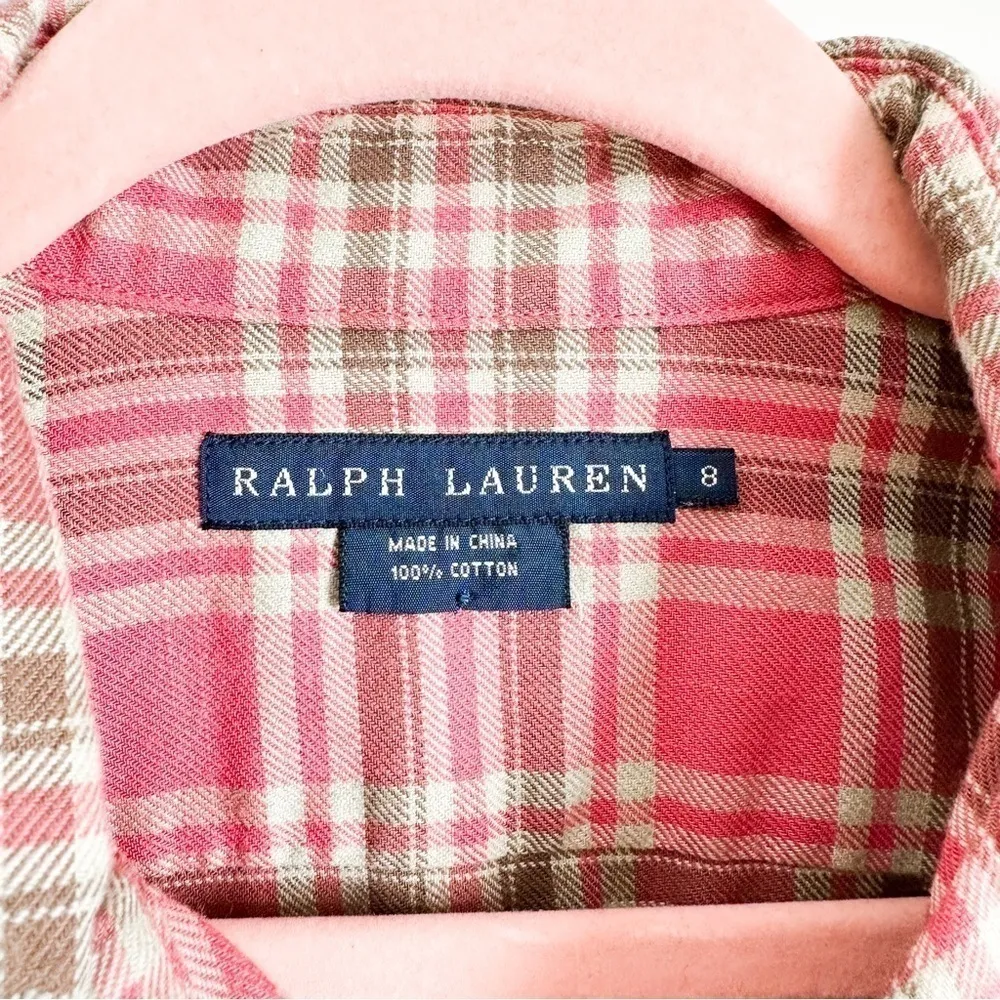 Ralph Lauren Red Green Plaid Button Down Shirt w Brown Suede Elbow Patches sz 8 - Image 4