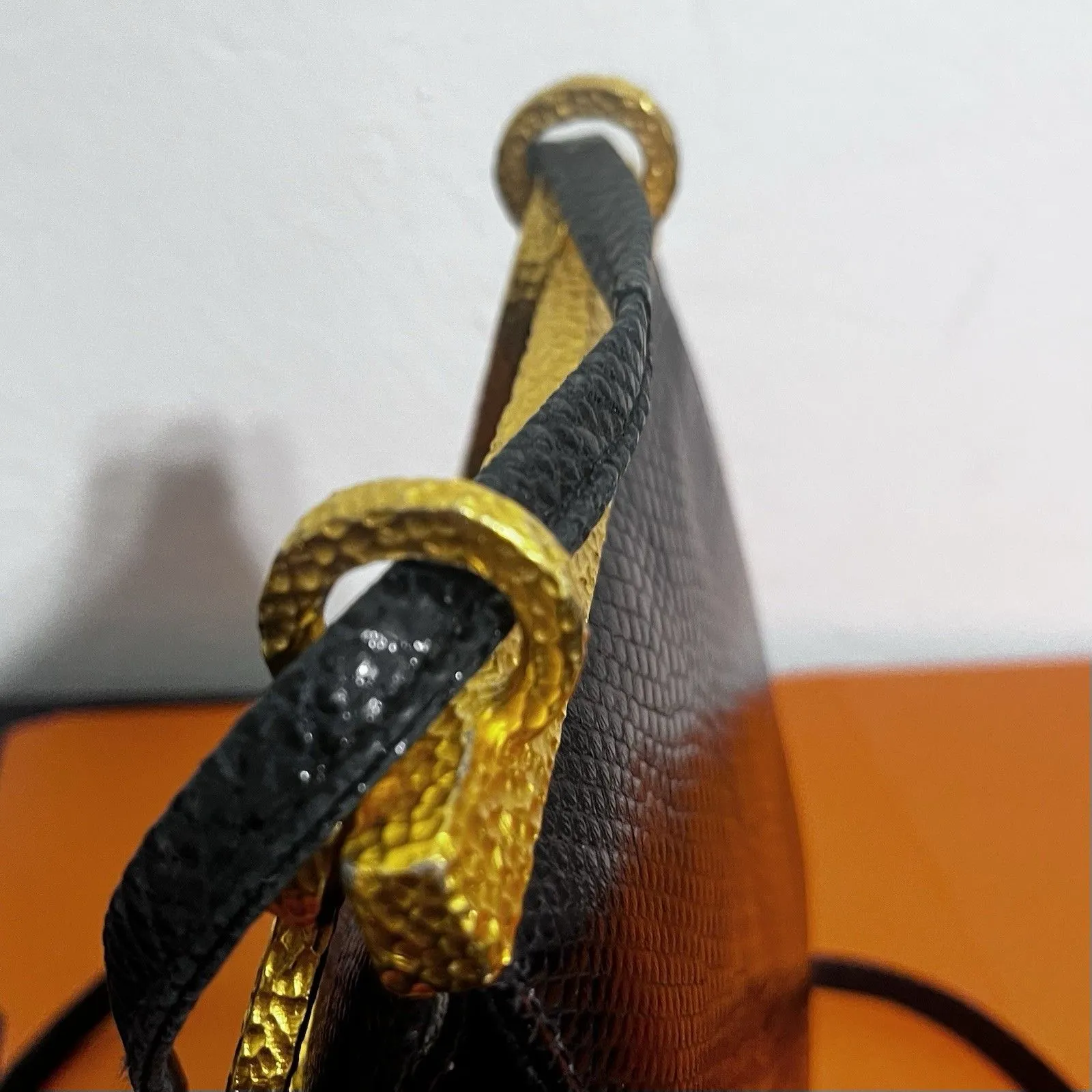 Clara Studio for Asymmetry Vtg Black Lizard Embossed Leather Bag 24K Gold Handle - Image 15