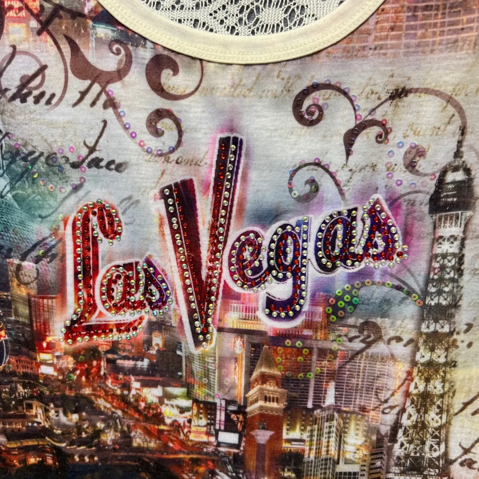 One Fashion Las Vegas Rhinestone Lace Back Graphic Top S/M Y2K‎ Glam Tee Size undefined - Image 5