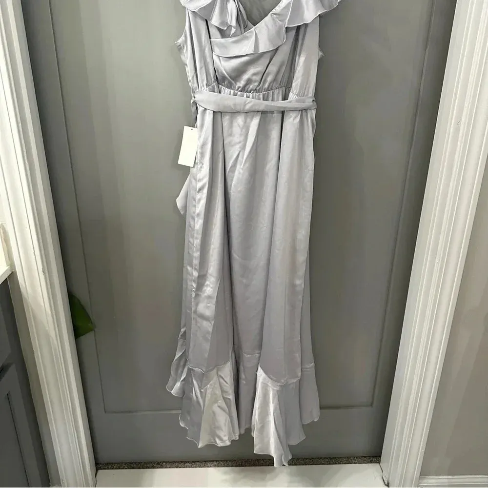 NWT Show Me Your Mumu Samantha Ruffle Wrap Dress Silver Luxe Satin Size 3X - Image 3