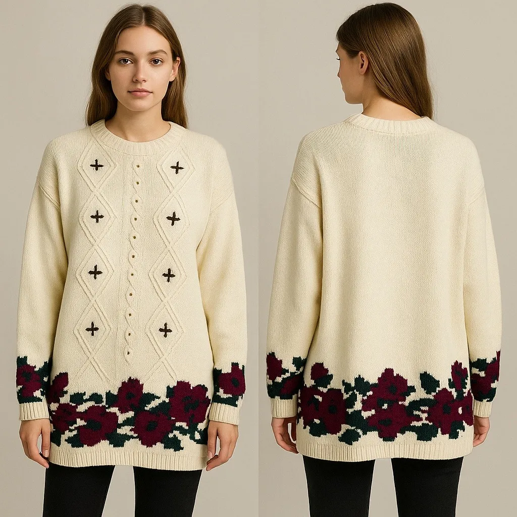 NWT NOS Vintage Northern Reflections‎ Cream Floral Knit Holiday Sweater XL - Image 2