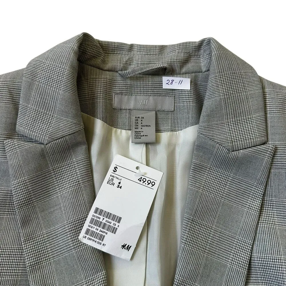 H&M Gray Plaid Lined Collared Blazer w/ Pockets Women Size 4 NWT | 28-11 - Image 5