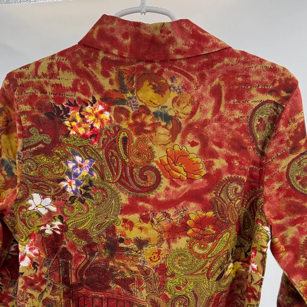 Candy Couture Red Paisley Women's Blouse S cotton sequin beaded colorful LS - Image 3