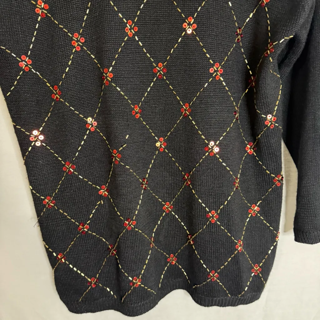 Vtg Joan Leslie black sweater with gold beads and‎ red sequins SZ XL Tacky Glam - Image 3