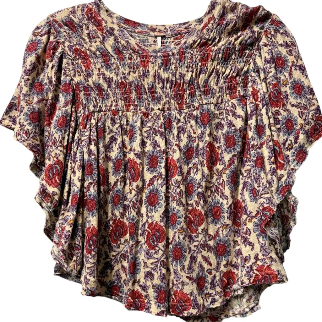 Free People Boho Floral Print Multicolor Flowy Ruffle Sleeve Linen Crop Top XS - Image 4