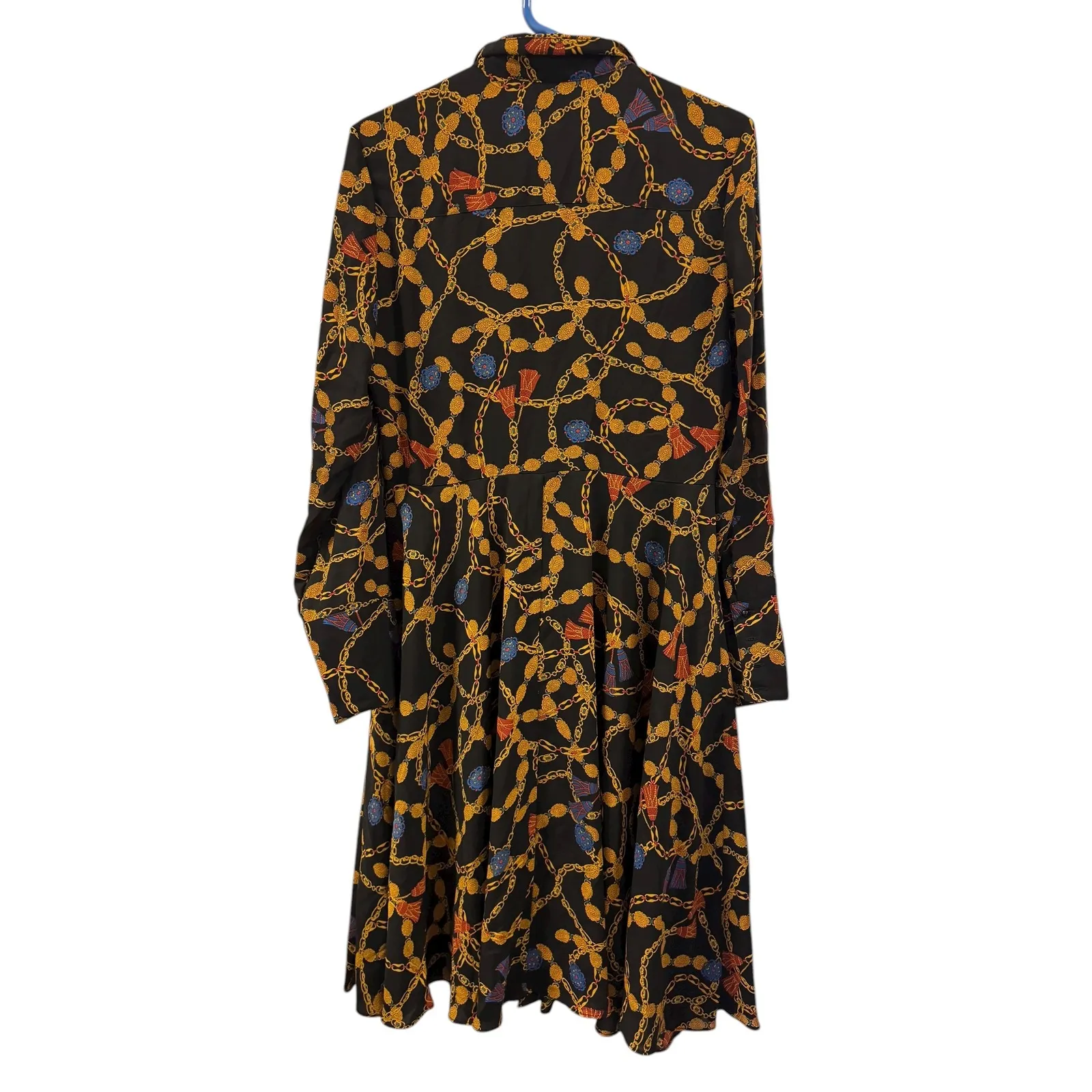 Nanette Lepore Black Gold Chain Tassel Print‎ Shirt untuck Dress Size 8 Midi - Image 6