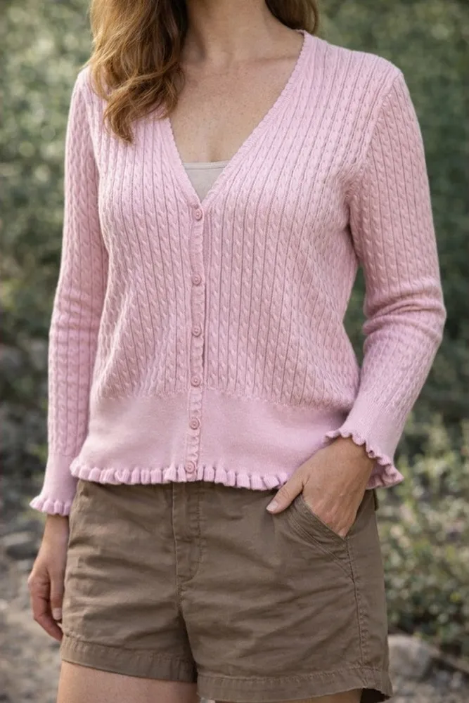 Jeanne Pierre Pink Cotton Ruffle Trim Cardigan Sweater Coquette Y2K Cottage PL - Image 1