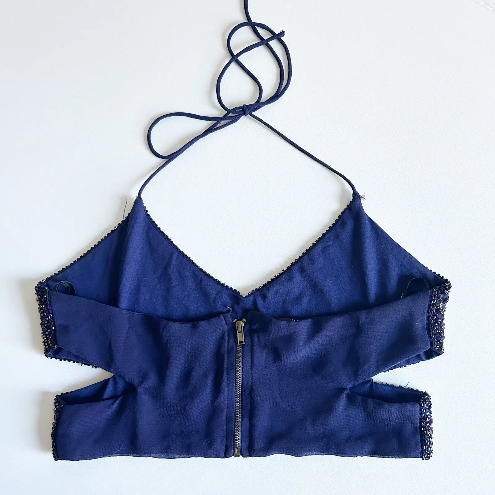 Forever 21 Womens Y2K Vintage Sequin Beaded Butterfly Going Out Top Size M Navy - Image 2