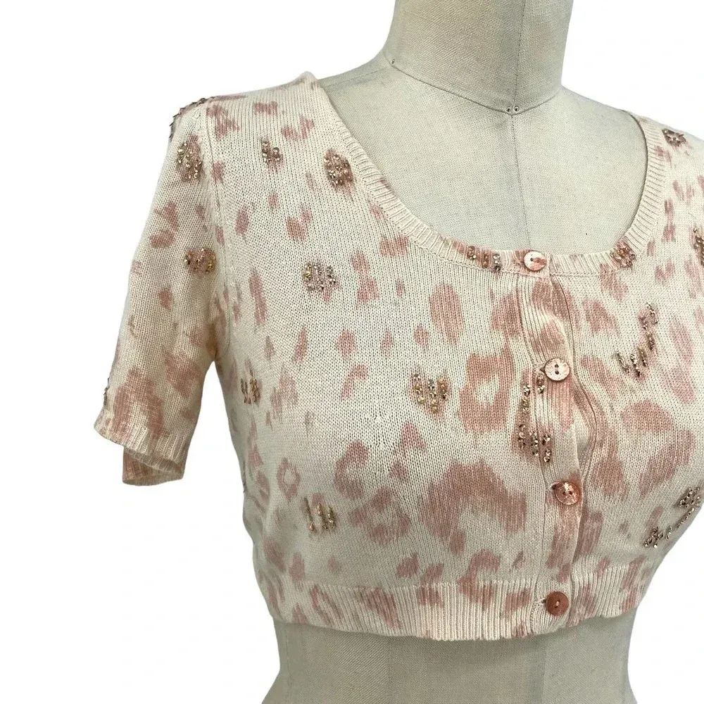 Rebecca‎ Taylor Leopard Print Beaded Embellished Cropped Cardigan Sweater Small - Image 5