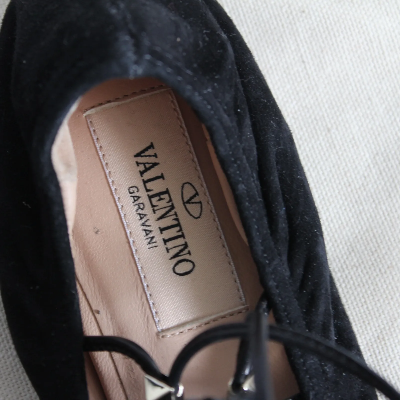 Valentino Black Suede Gold Rockstud Lace Up Ankle-Wrap Pointed Ballet Flat - Image 8