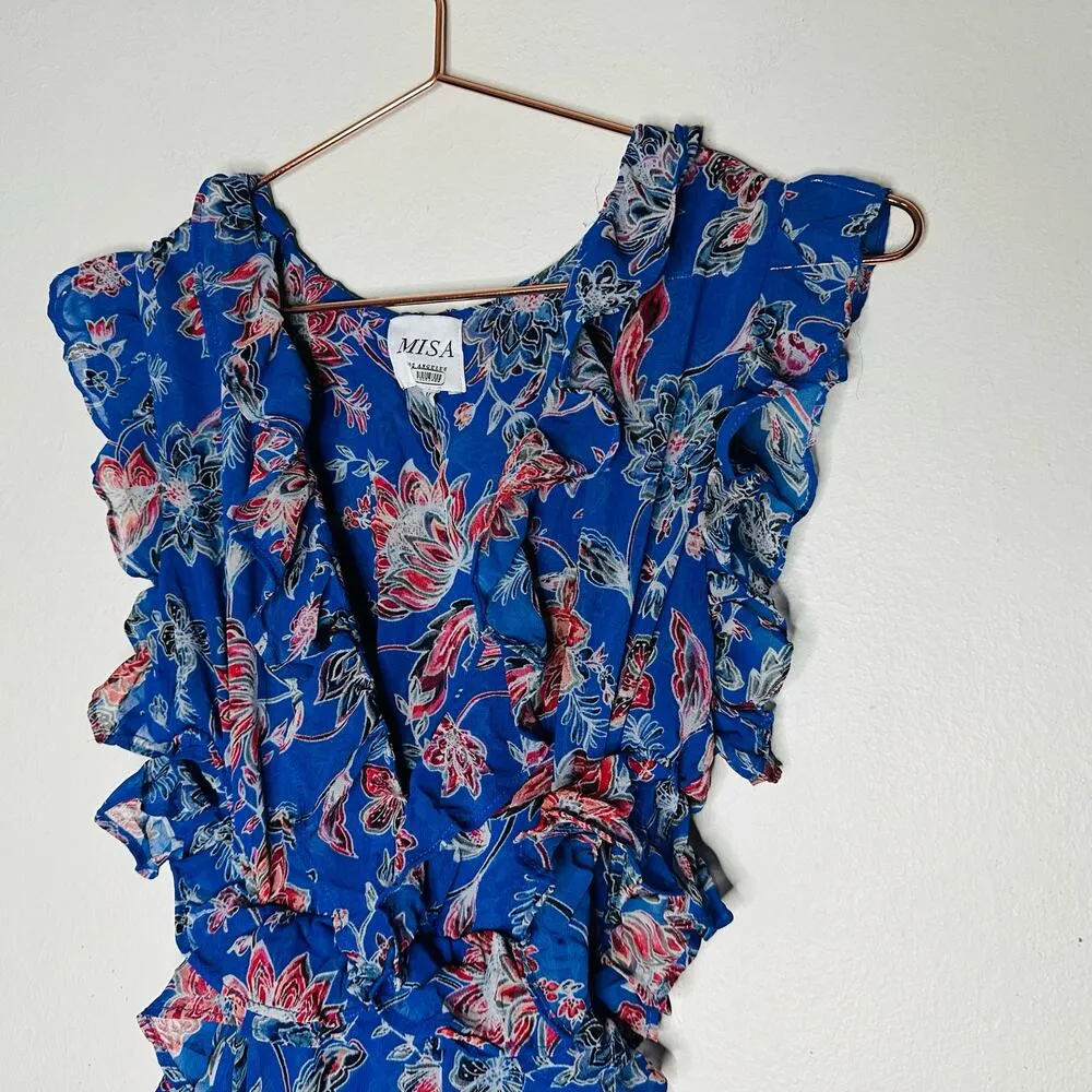 MISA Las Angeles Blue Floral Natasha Cutout Ruffled Midi Dress Size Medium - Image 9