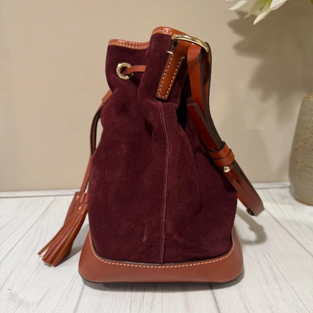 Dooney & Bourke Burgundy Suede Leather Drawstring Bucket Shoulder Bag - Image 4