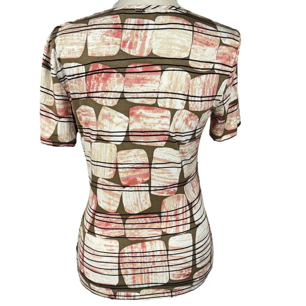 St. John Small Top Yellow Label Short Sleeve Faux Wrap Abstract Stretch Pullover - Image 4