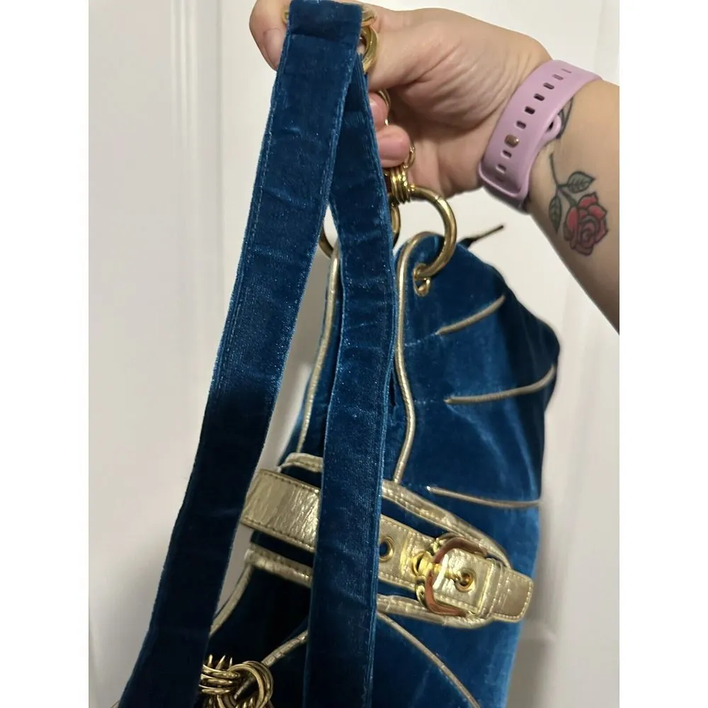 Vintage Blue Suede Purse Gold chain Shoulder - Image 6