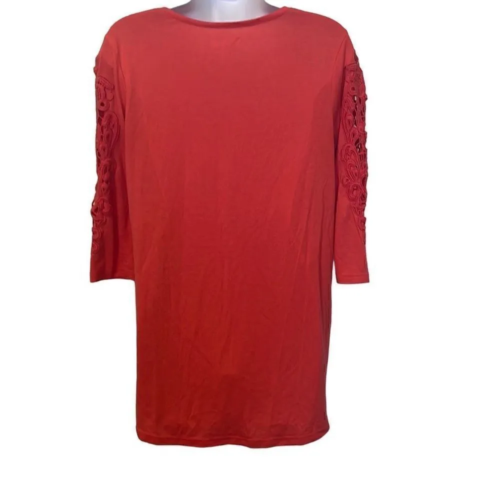 𝅺Cato EUC Pink Crochet detail Three Quarter Sleeve Top Sz M - Image 2