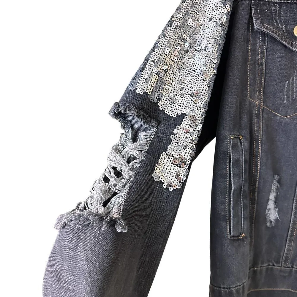 Fabrik Black Distressed Denim Embellished Jean Jacket Size Medium - Image 7